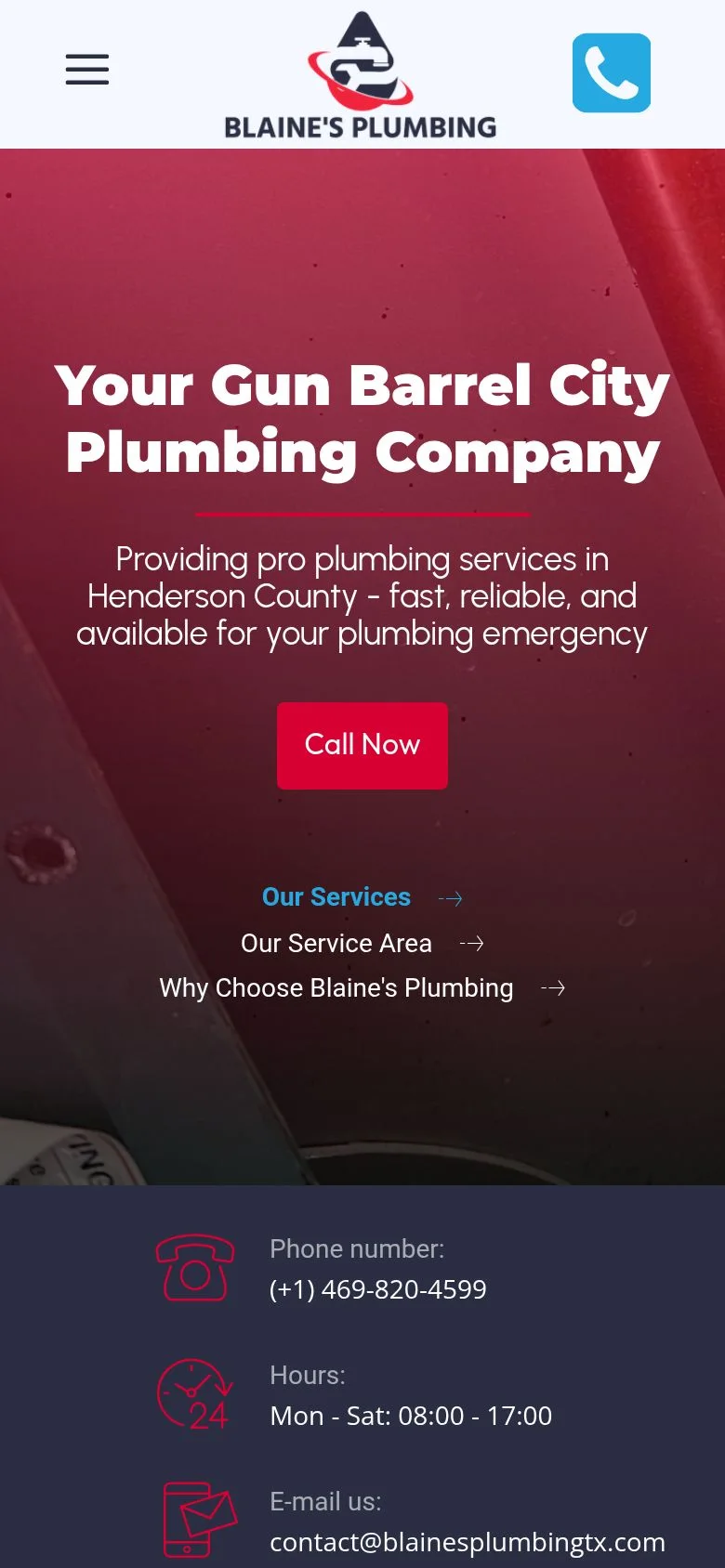 Blaine’s Plumbing website on a phone